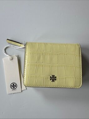 Tory Burch Emerson Croc-Embossed Mini Zip Wallet in Pastel Yellow
